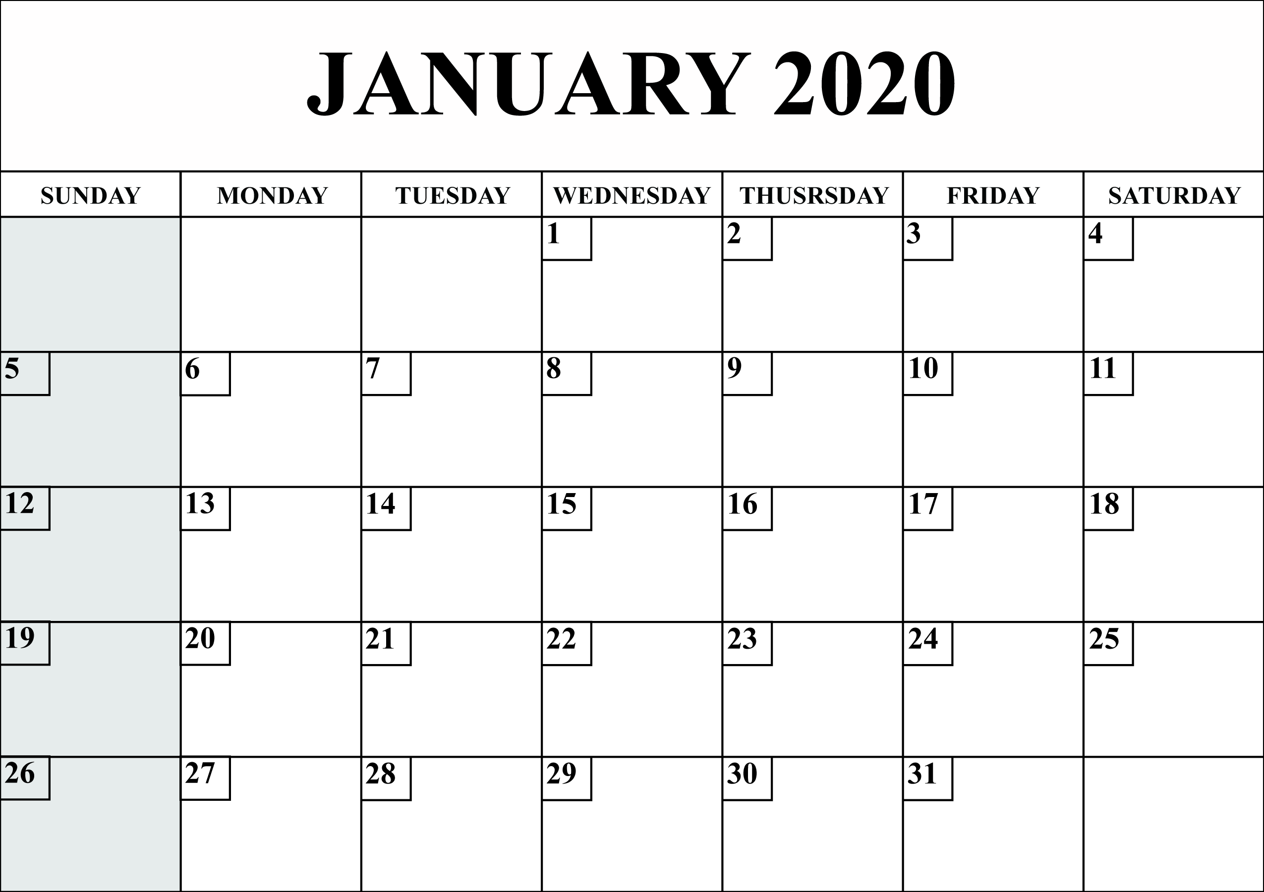 Free Blank January 2020 Calendar Printable PDF, Word, Excel