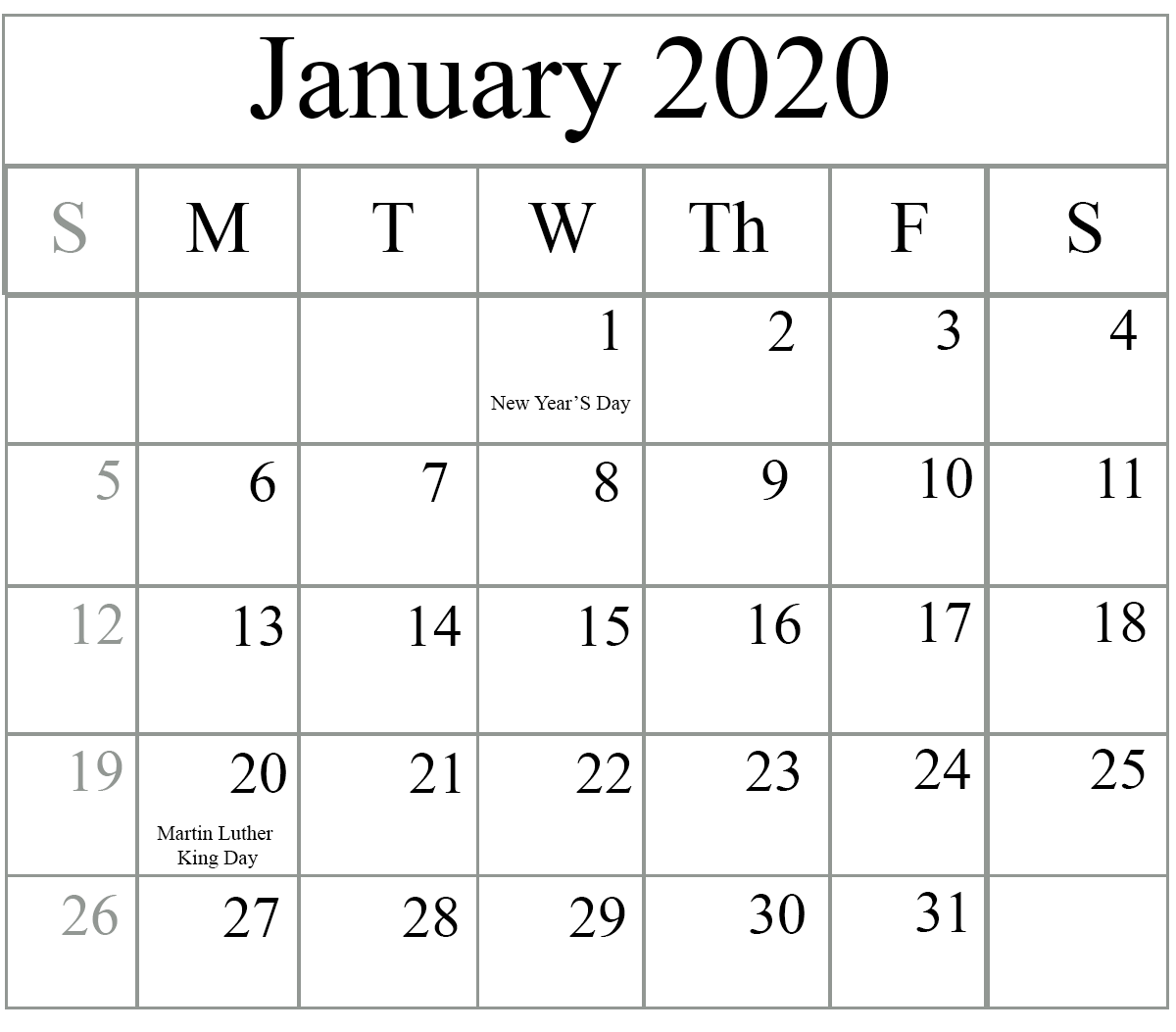 january 2020 calendar PDF
