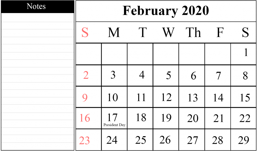 Blank February 2020 Calendar Printable Template
