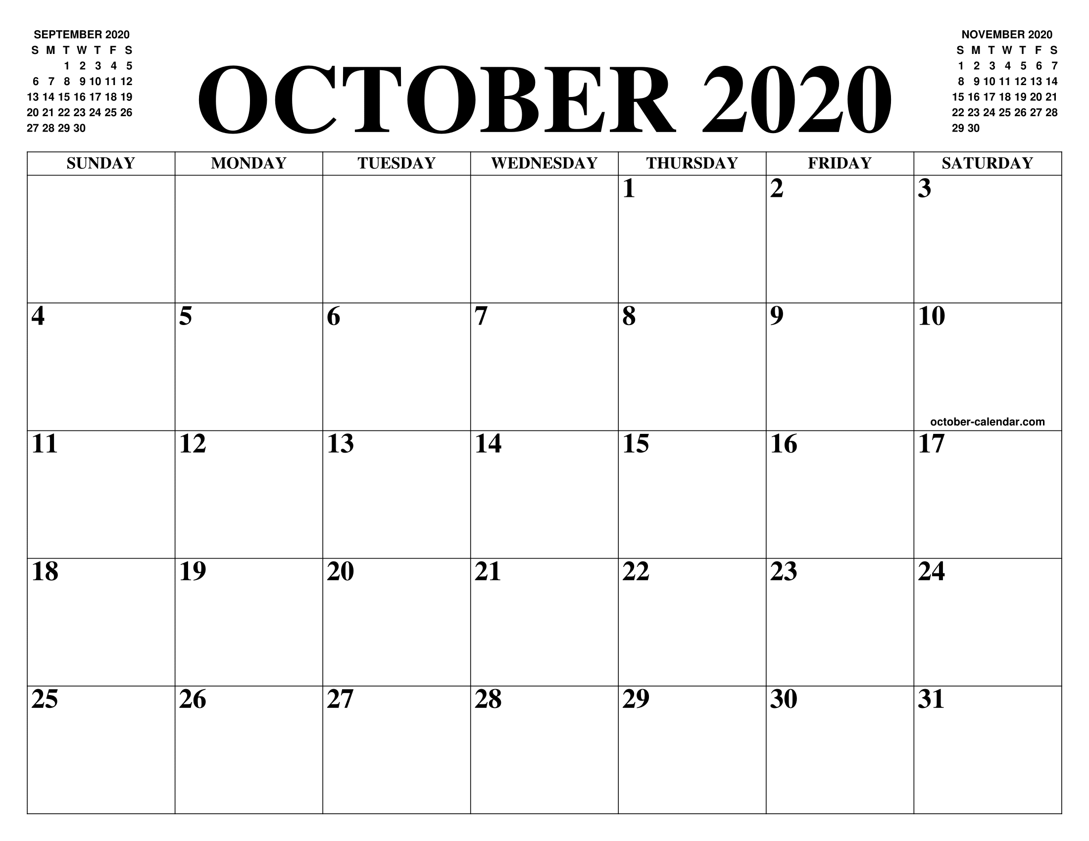 Free Blank Calendar For October 2020 Printable Fillable Template