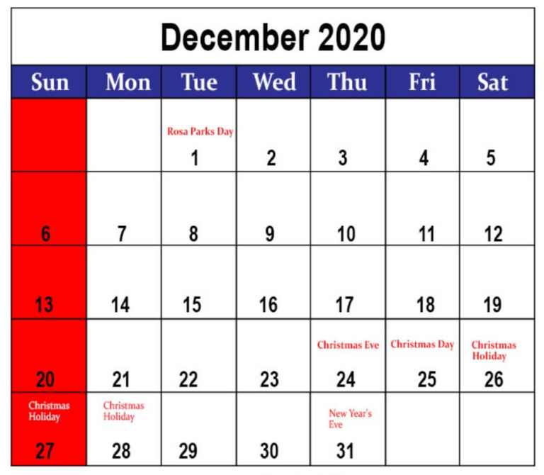 List of December Holidays 2020 - December 2020 Calendar with Holidays Date