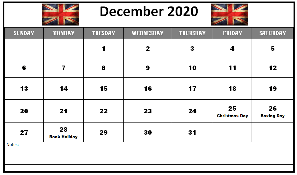 December 2020 UK Holidays Calendar