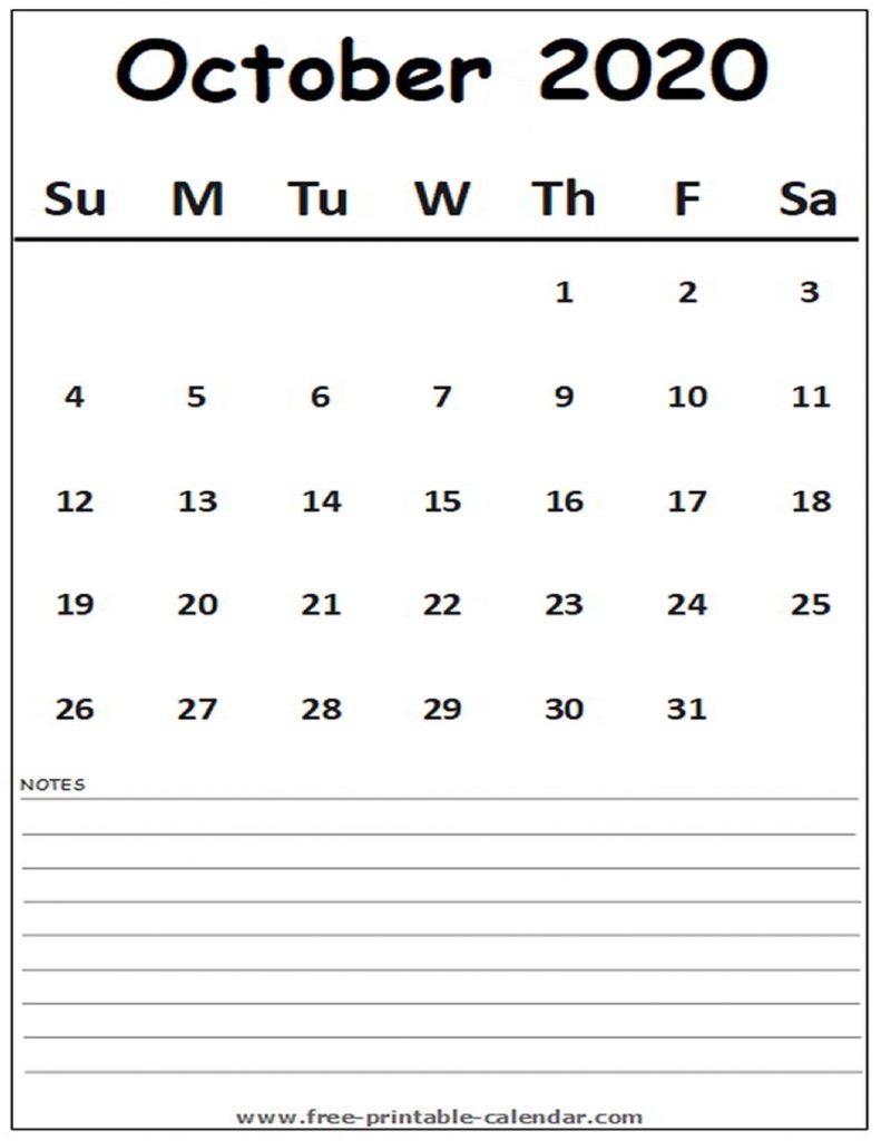 Fillable Calendar For October 2020