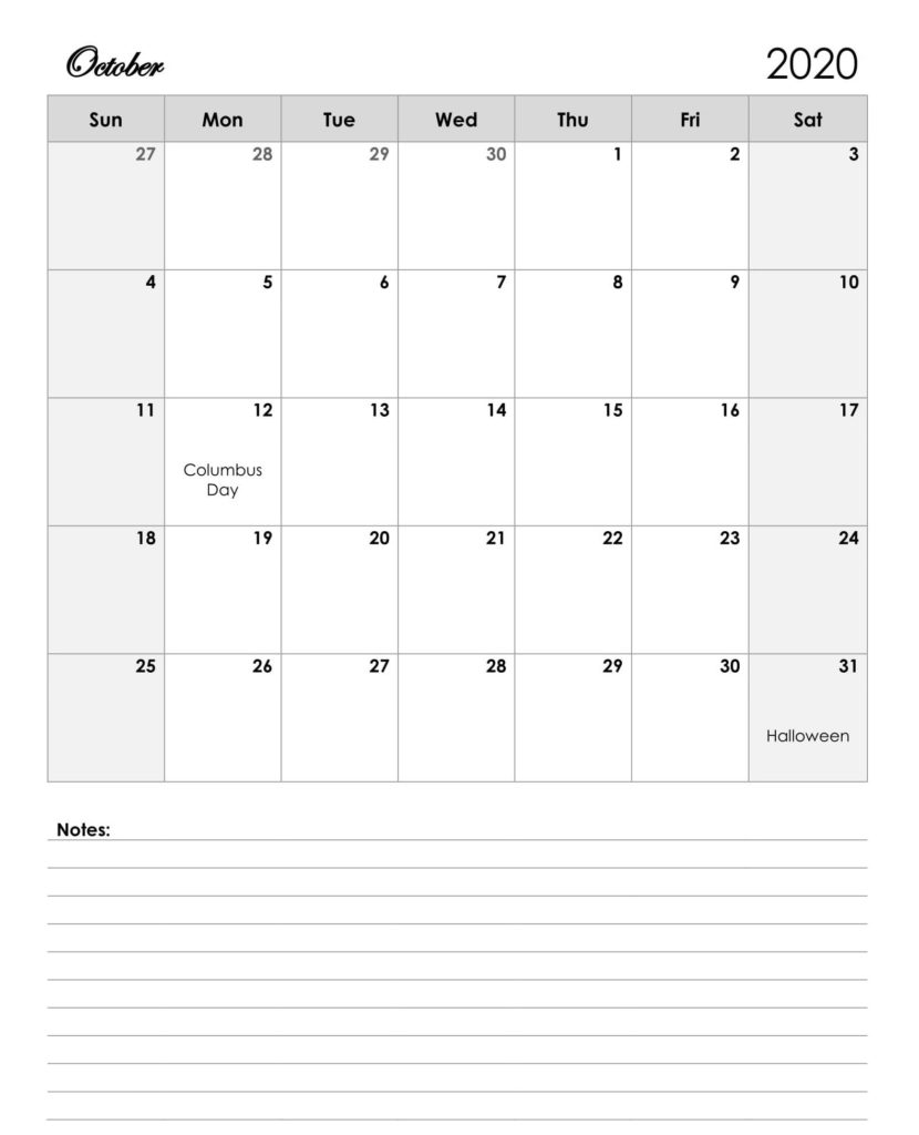 Free Monthly 2020 October Calendar