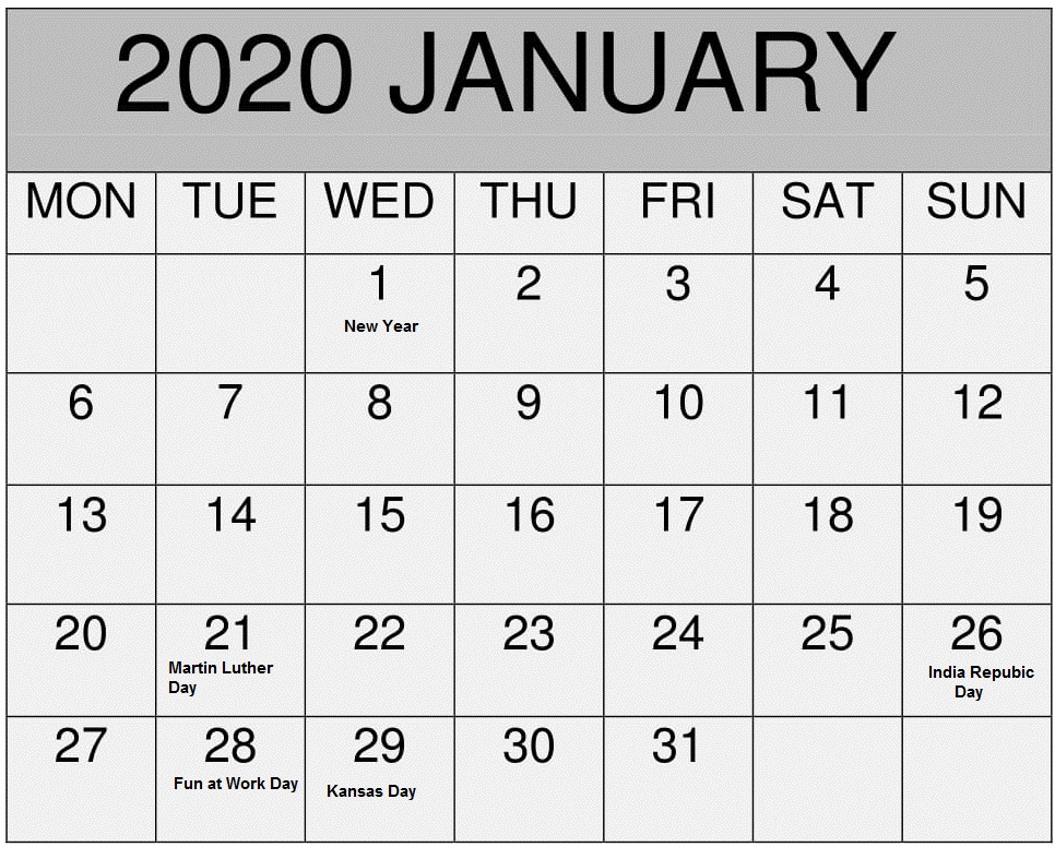 January 2020 Calendar Holidays Printable