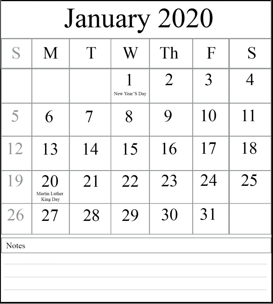 January 2020 Calendar Holidays