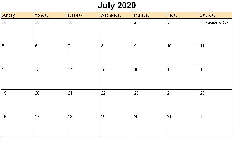 July 2020 Calendar Free Printable