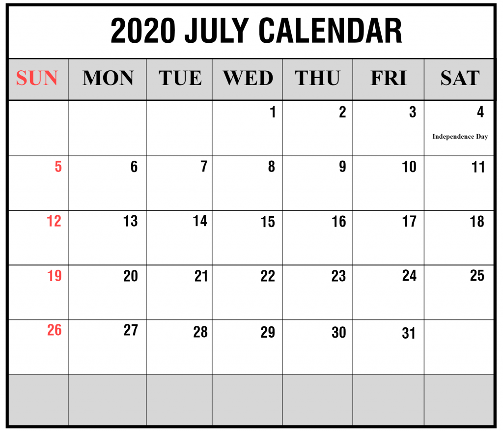 July 2020 Calendar Printable PDF