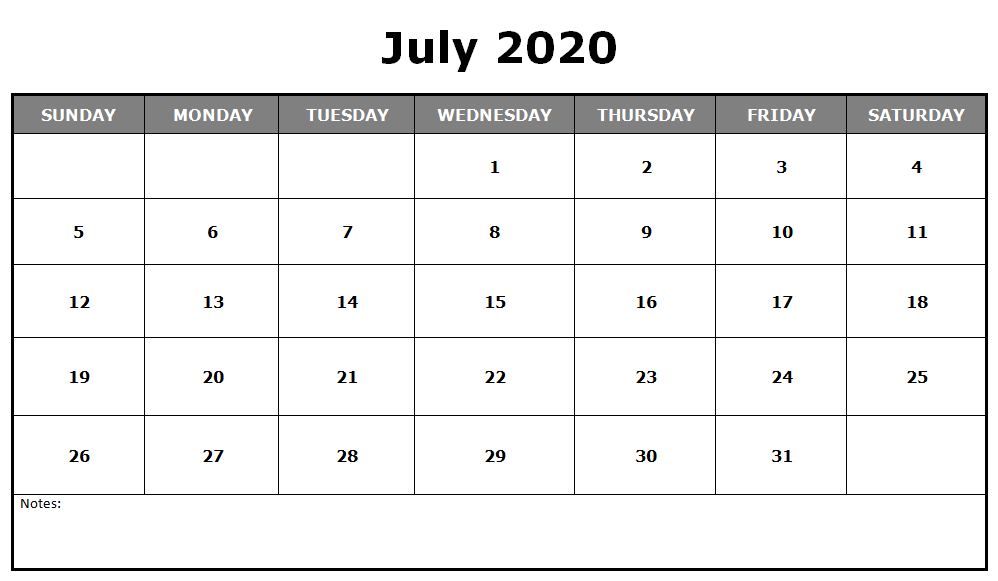 July 2020 Calendar Printable