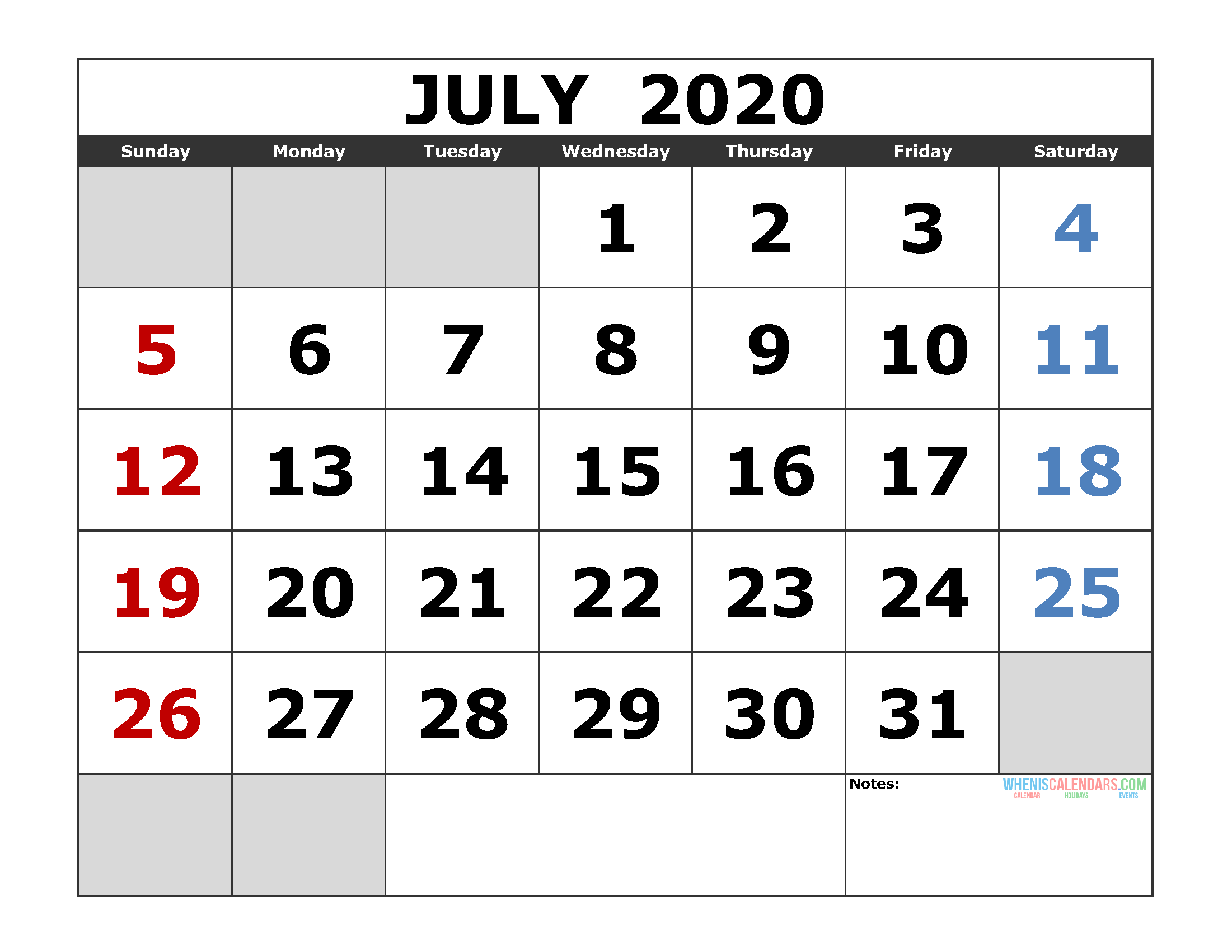 Free July Calendar 2020 Printable Template PDF Word Excel Printable