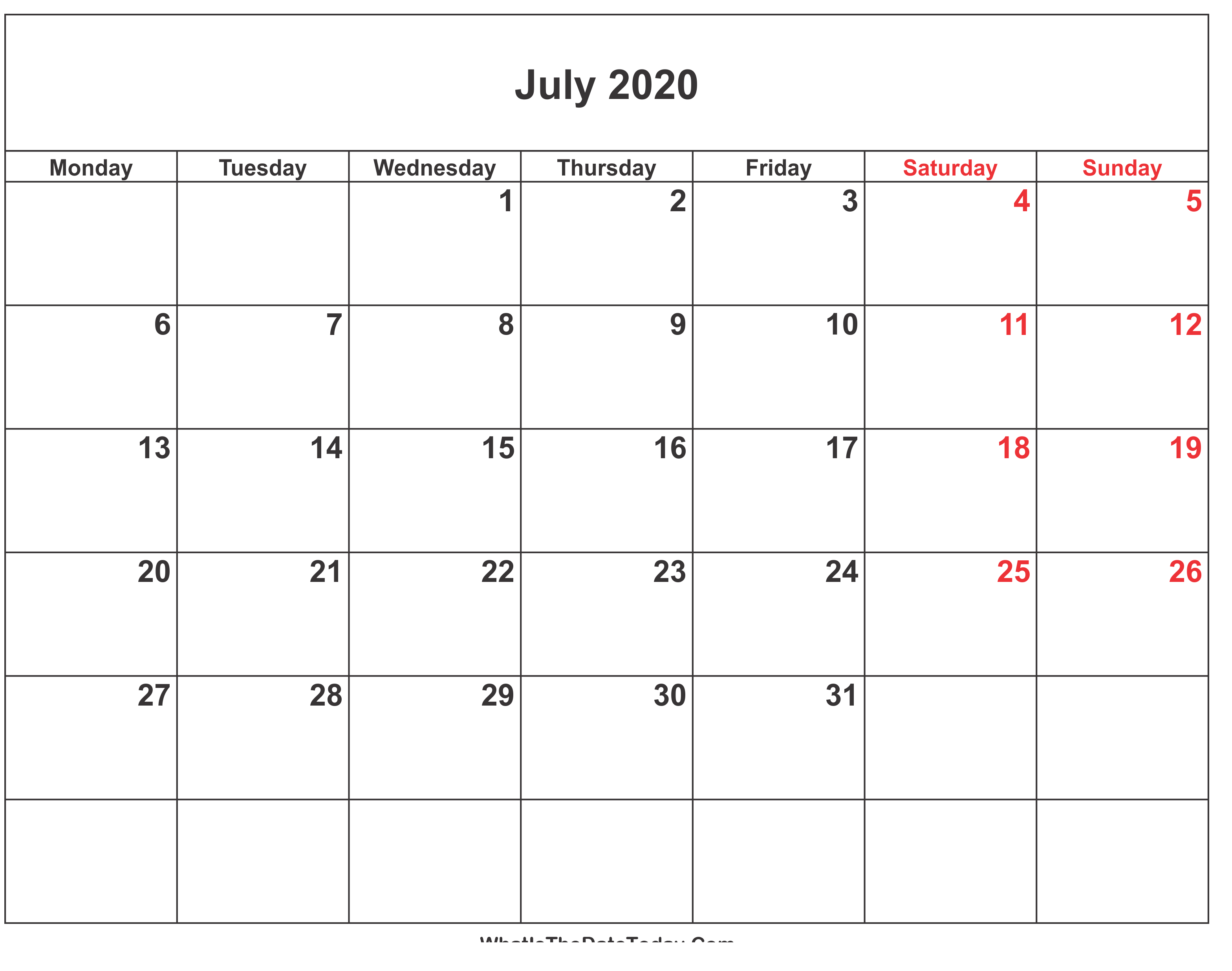 July 2020 Printable Calendar Excel