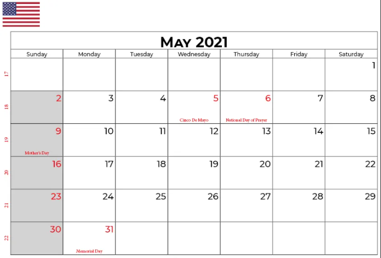 May 2021 us calendar