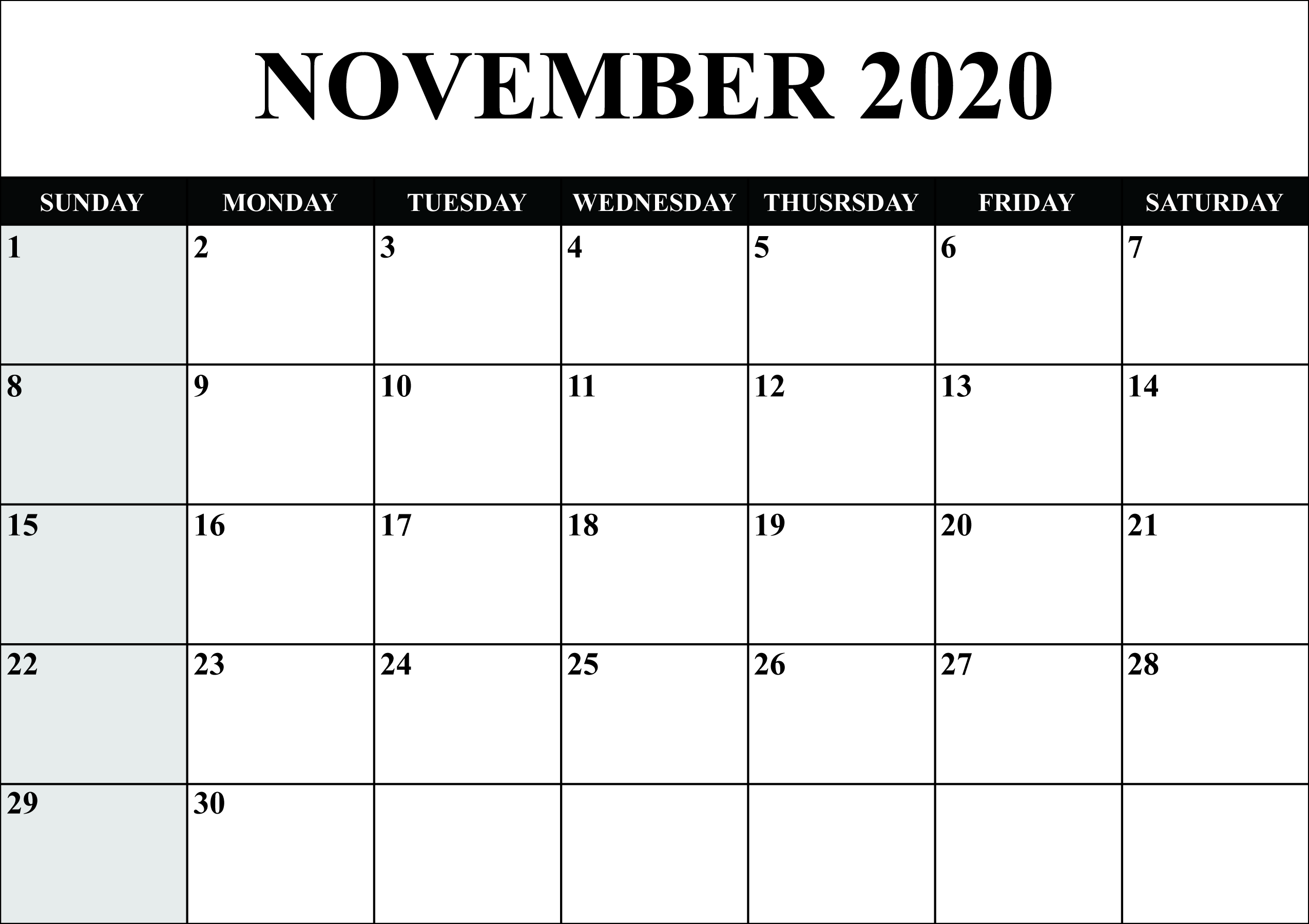 November 2020 Calendar Template Word