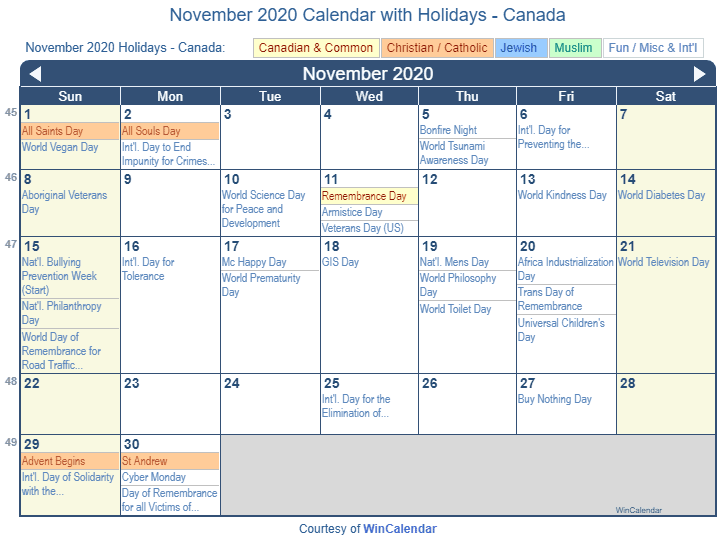 November 2020 Calendar with Holidays Canada
