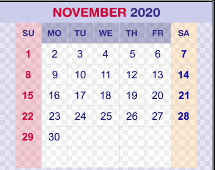 November 2020 Monthly Calendar