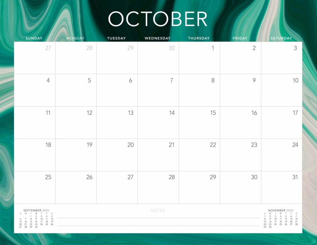October 2020 Calendar Landscape