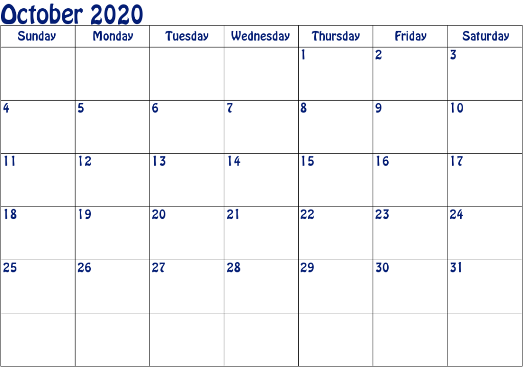 October 2020 Calendar Printable Template