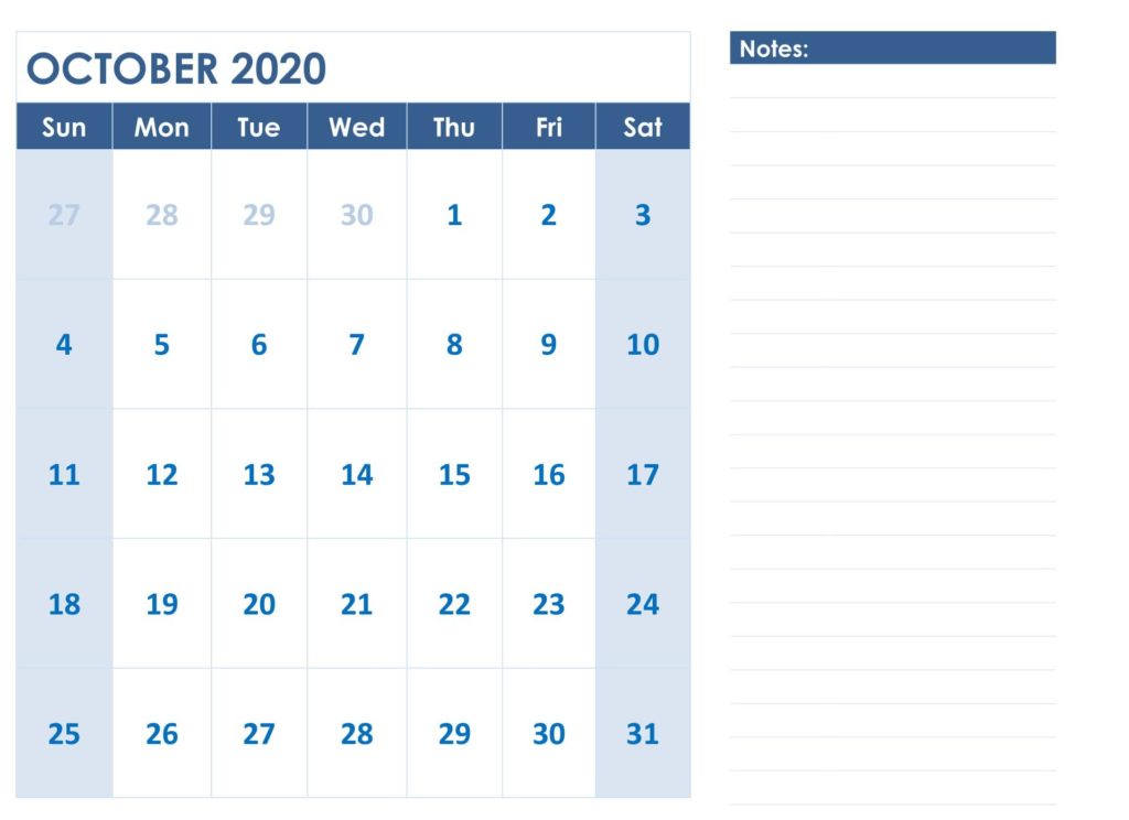 October 2020 Calendar Printable with Notes