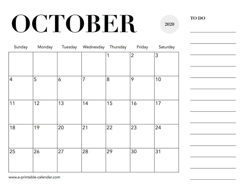 Print 2020 Calendar October