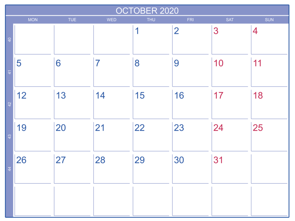 Print October 2020 Calendar Template