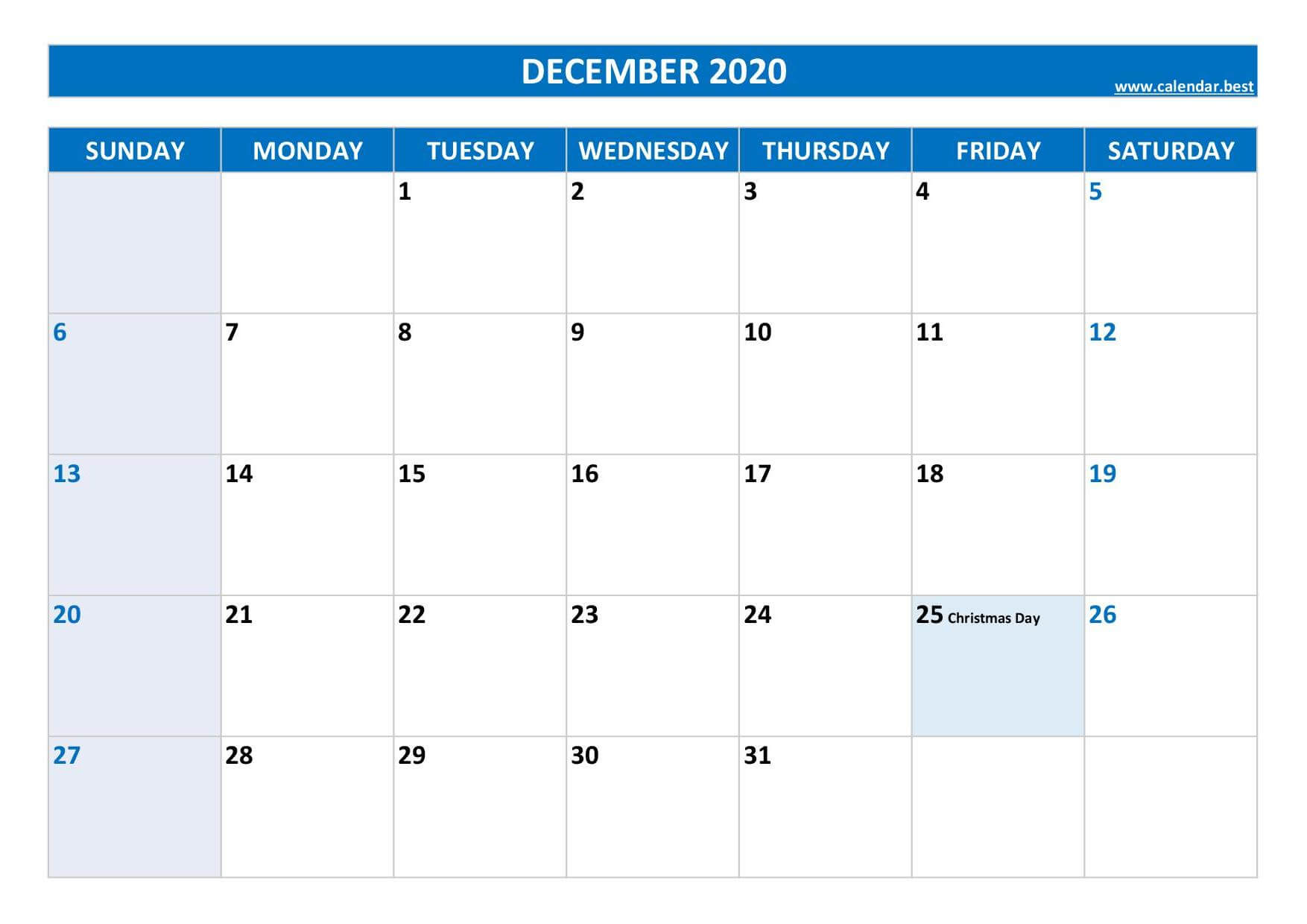 Printable December 2020 Holidays Calendar
