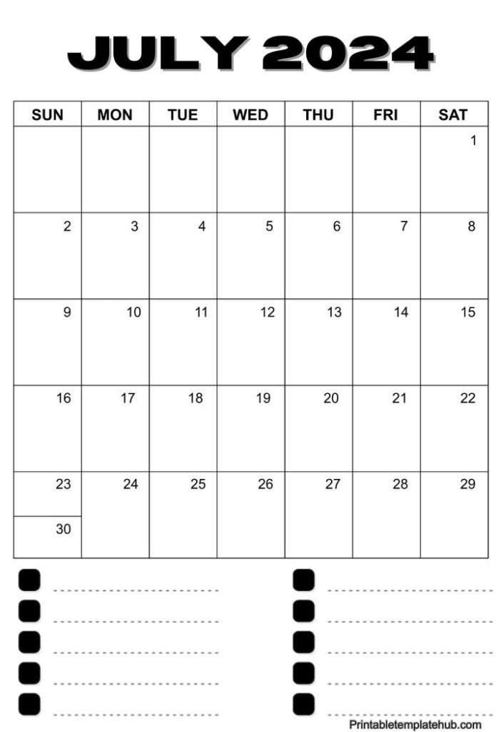 Printable July 2024 Calendar With to do list