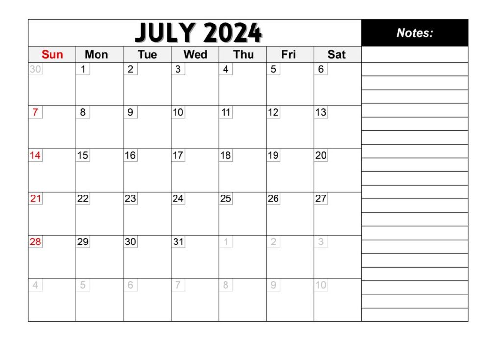 Printable July 2024 calendar With Note