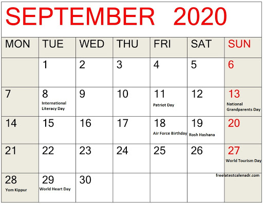 September 2020 Calendar With Holidays and National Days
