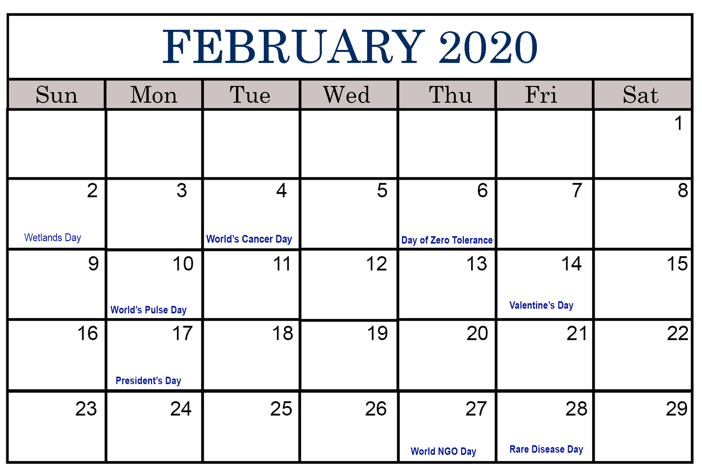 February Calendar 2020 with Holidays
