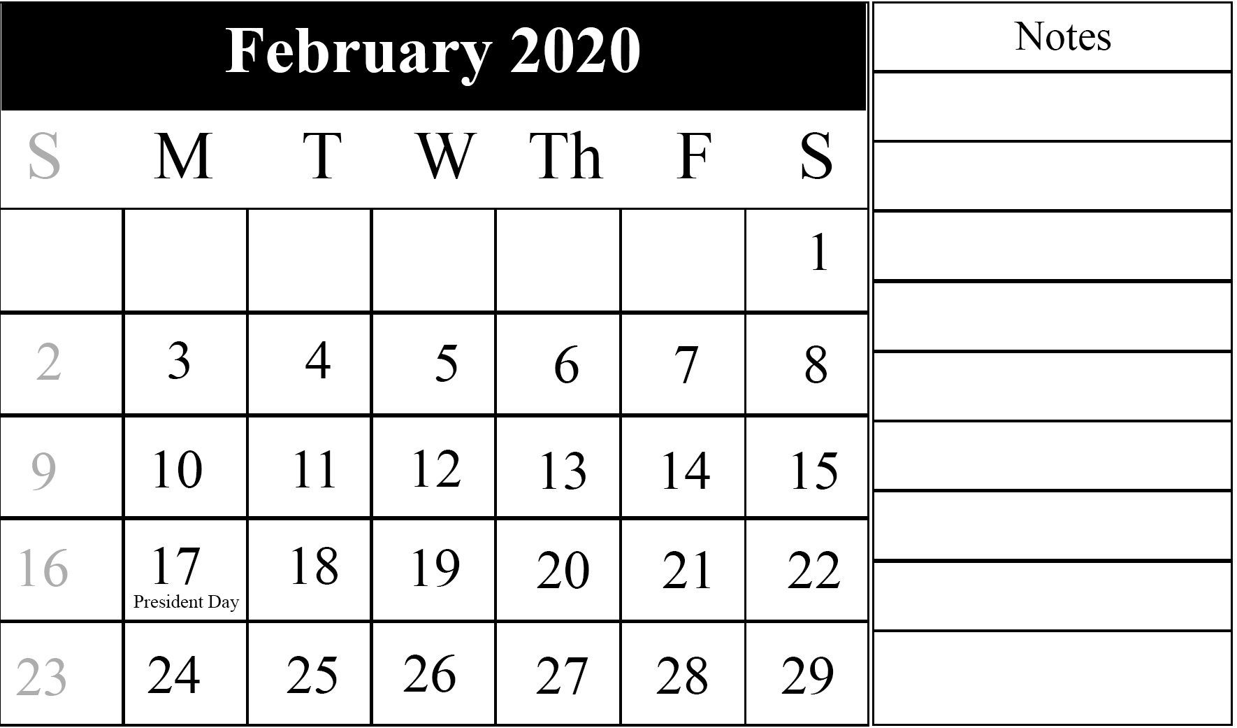 Fillable February 2020 Printable Calendar
