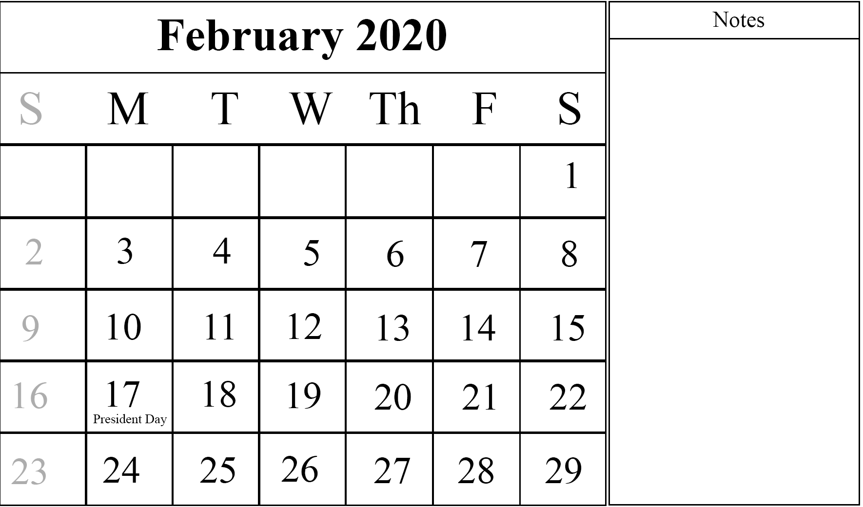 Fillable February Calendar 2020 Notes