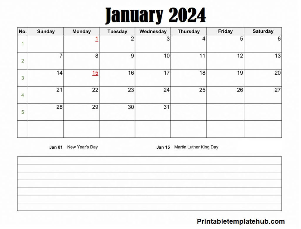 Free January 2024 Calendar With Notes