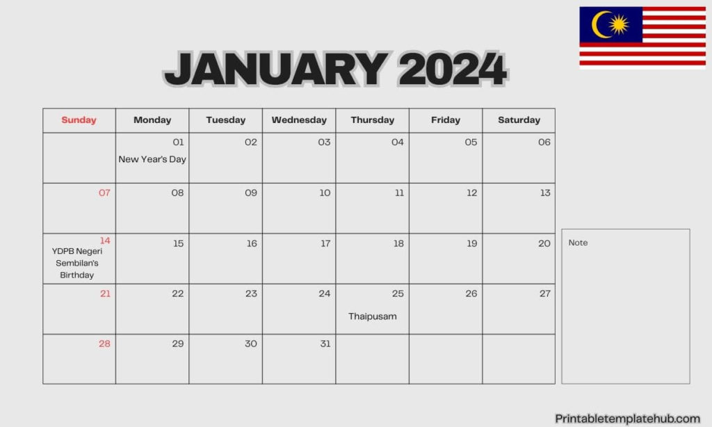 January 2024 Malaysia Calendar