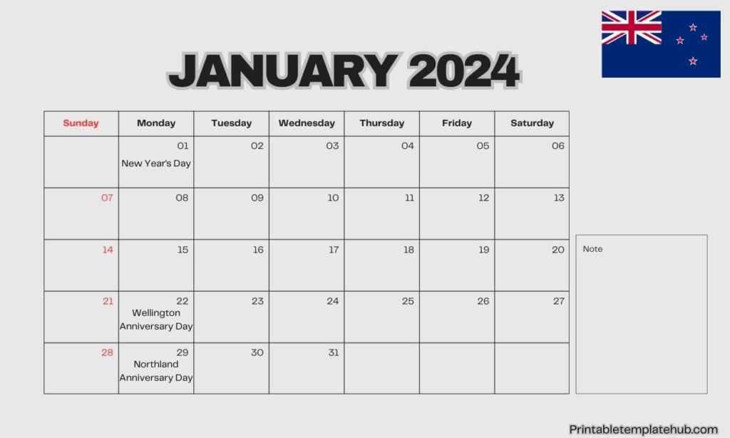 January 2024 New Zealand Calendar