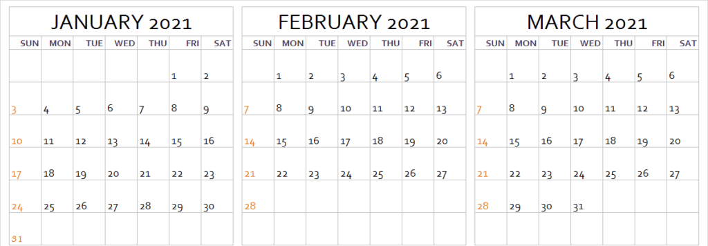 3 Month January February March 2021 Calendar