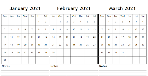 3 Month January February March Calendar 2021