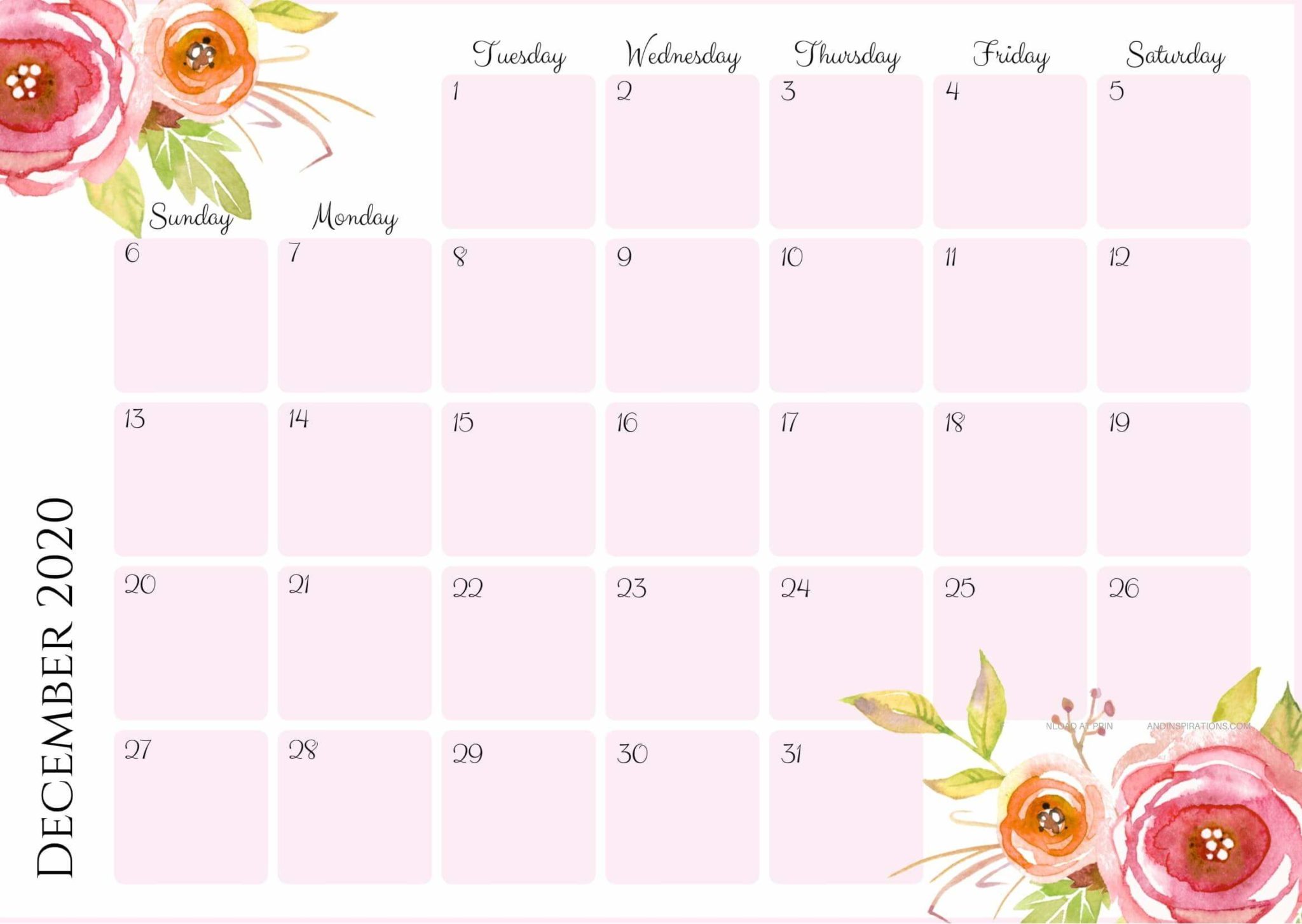 Cute December 2020 Calendar Floral