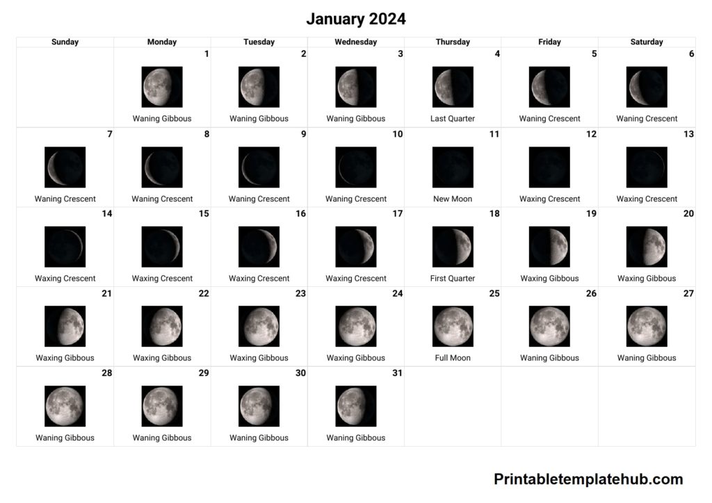 Free Printable January 2024 Moon Phases Calendar