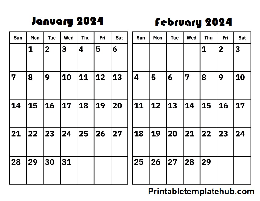 Free Printable January & February 2024 Calendar