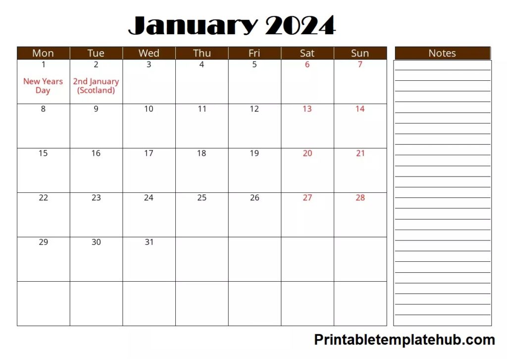January 2024 Calendar Editable