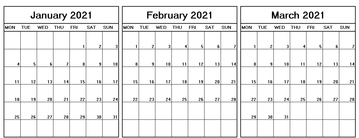 January February March 2021 Calendar