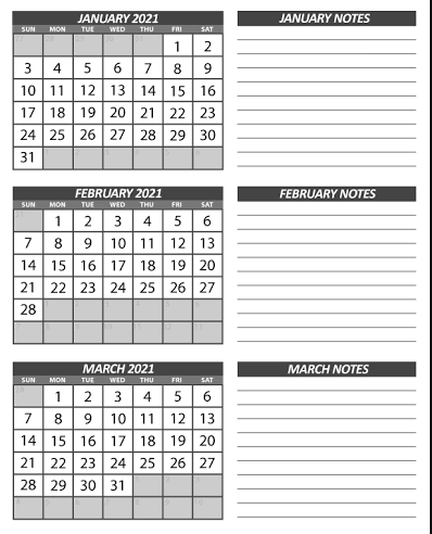January February March Calendar 2021 To Print