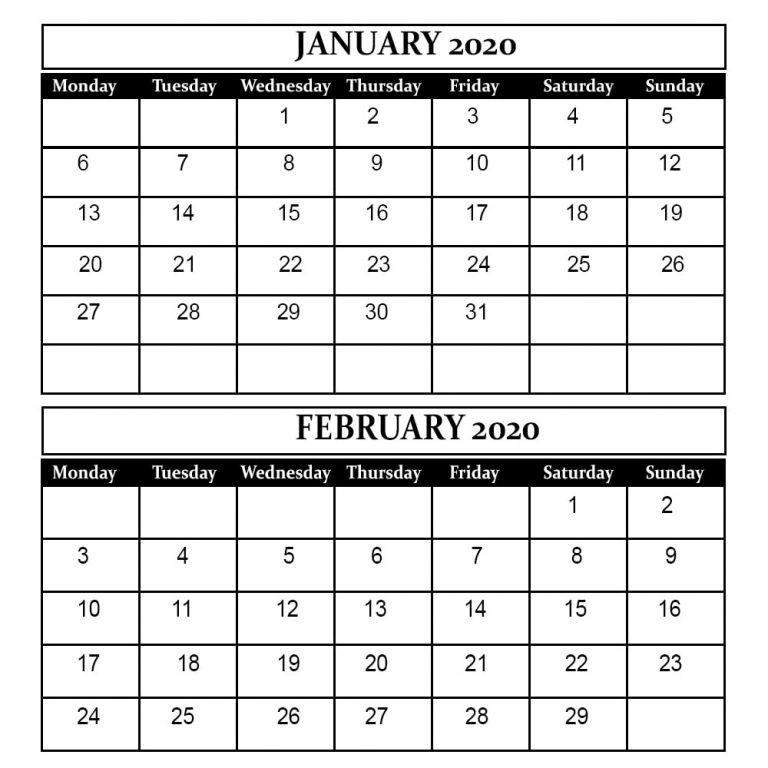January February 2020 Calendar Printable Template Pdf Word Excel