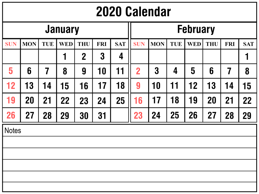 Monthly January February 2020 Calendar