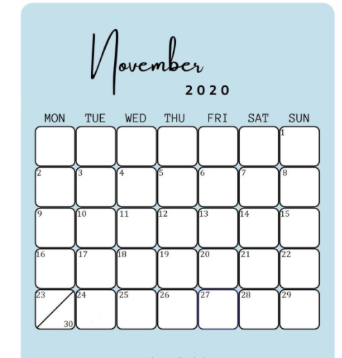 November 2020 Calendar Light blue