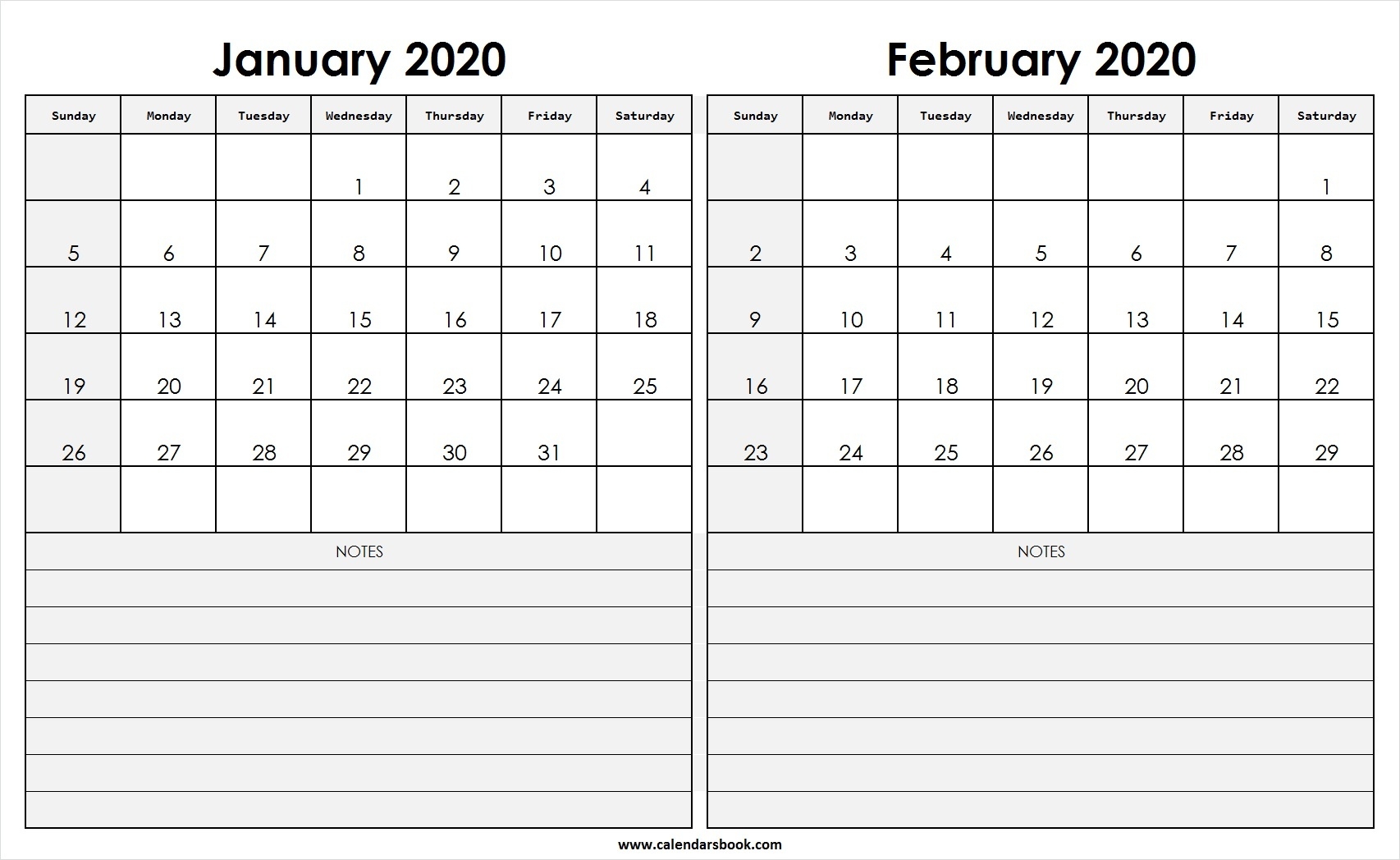January February 2020 Calendar Template