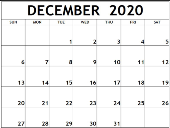 Calendar For December 2020