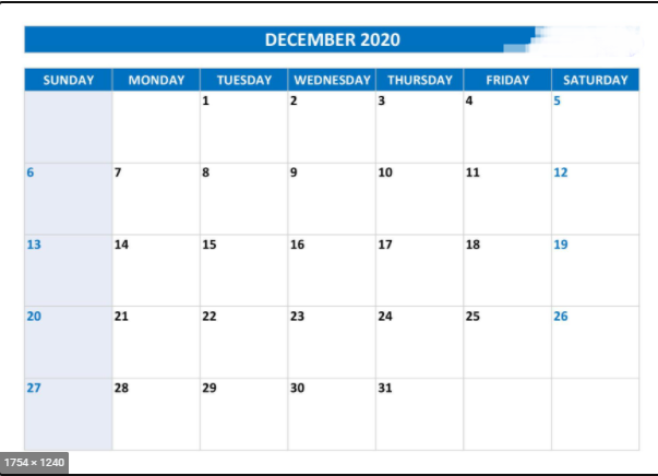 December 2020 calendar to print