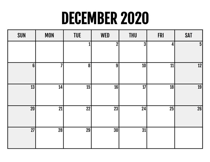December Calendar Printable 2020