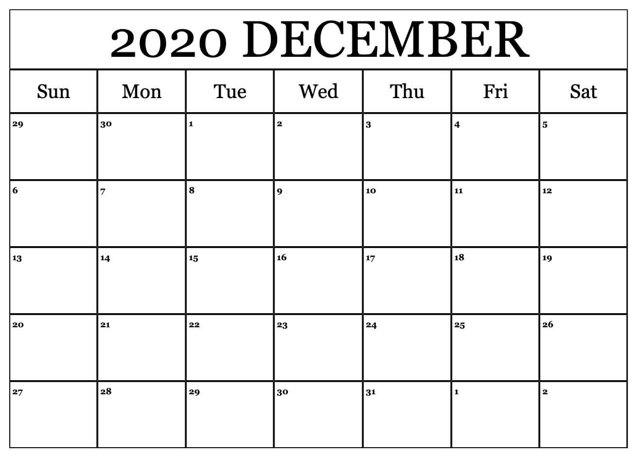Printable Blank Calendar for December 2020